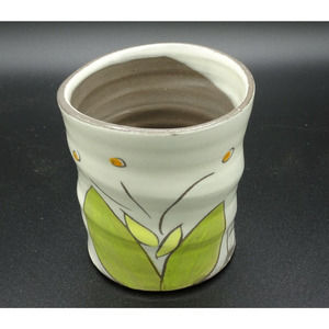 ZPOTS Bloom Be Handle less Mug Cup Flower Wheel Thrown Hand Painted Green Yellow